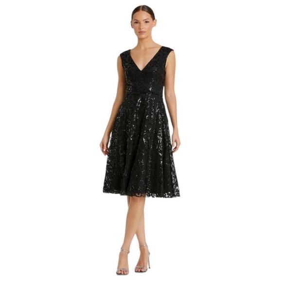 Mac Duggal NEW Size 12 Black Sequined V Neck Cap Sleeve Midi Dress Style A68012 - Picture 1 of 11